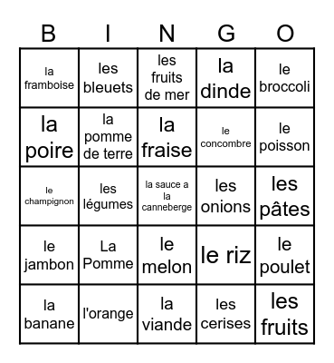 la nourriture Bingo Card