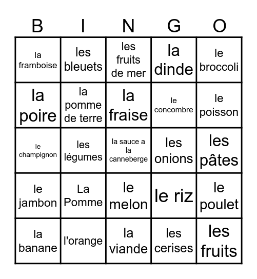 la nourriture Bingo Card