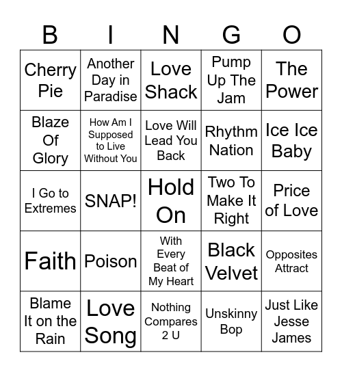 90's Billboard Hits Bingo Card