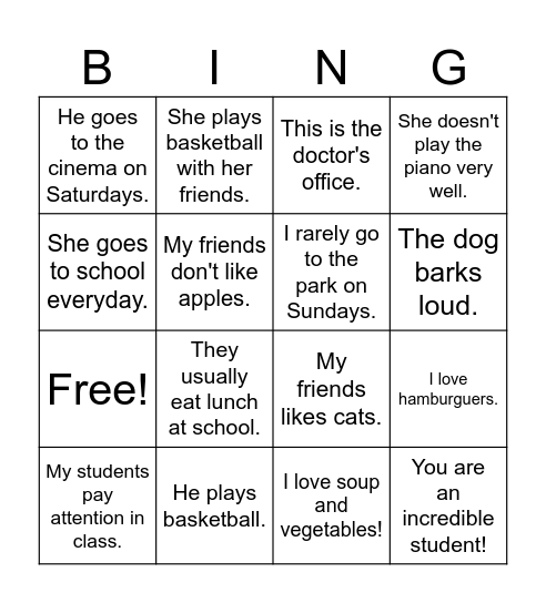 Present Simple Bingo!! Bingo Card