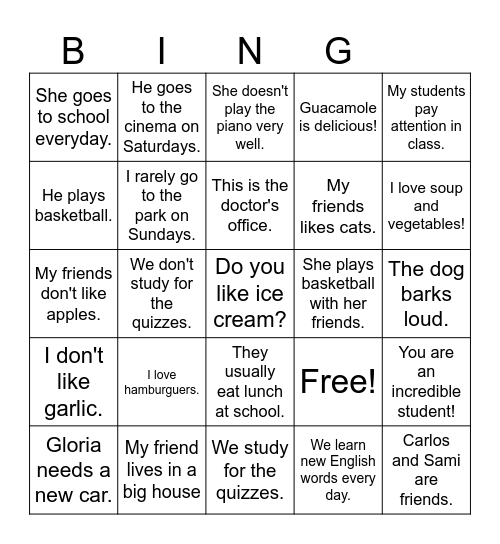 Present Simple Bingo!! Bingo Card