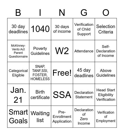 ERSEA Bingo Card