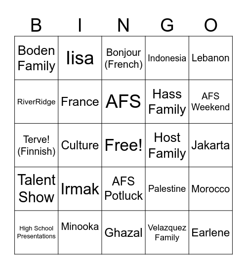 AFS BINGO Card