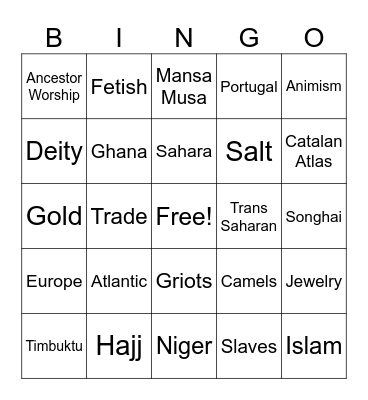 West Africa Bingo Card