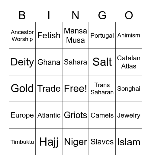 West Africa Bingo Card