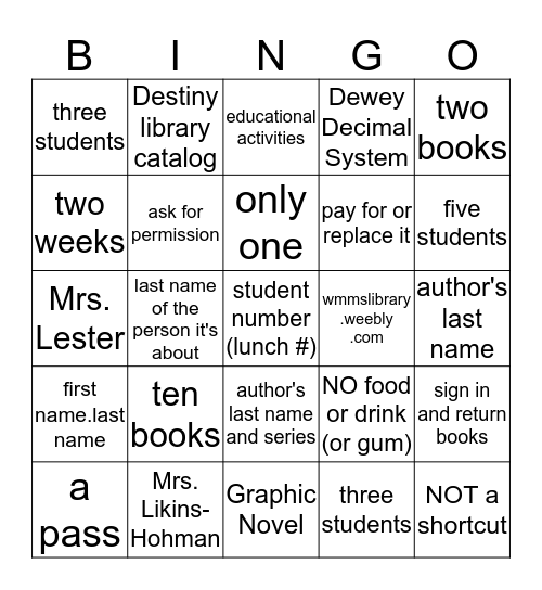 Library Beginning of Year Bingo Card