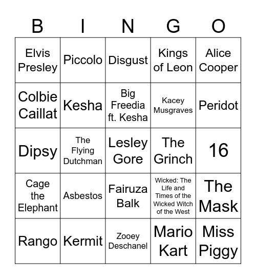 Adaptations of Oz, Green Characters, & Rainbow Songs Bingo Card