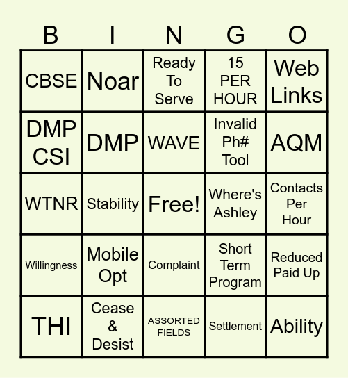 Pre-Delinquency/Proactive Credit Bingo Card