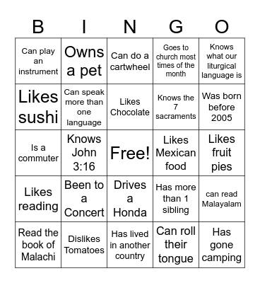 Campus Ministry Bingo Card