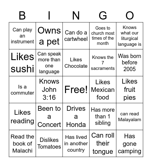 Campus Ministry Bingo Card