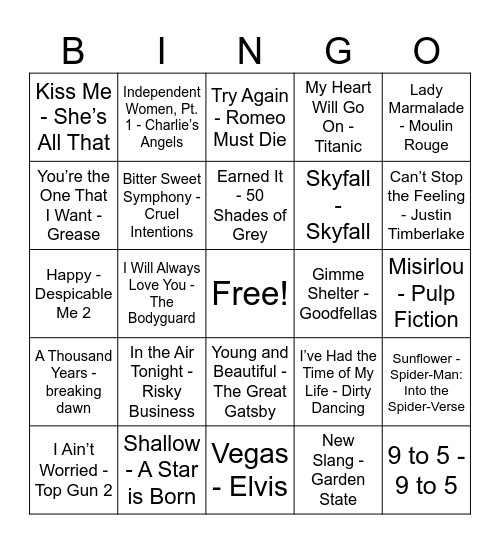 Movie Hits Bingo Card