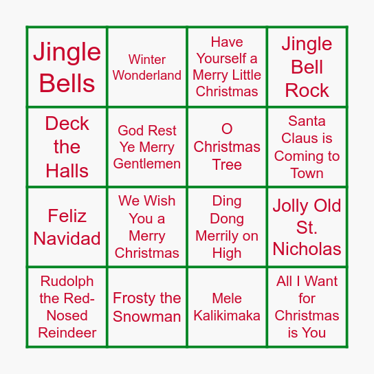 CHRISTMAS SONG BINGO Card