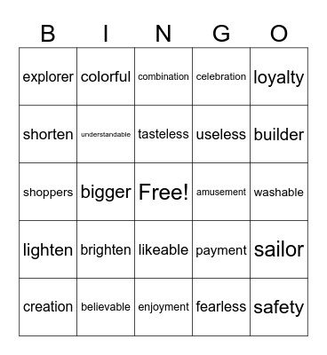 Common Suffixes Bingo Card