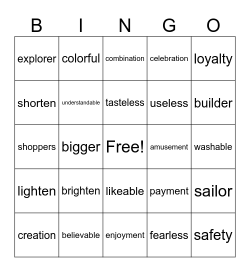 Common Suffixes Bingo Card