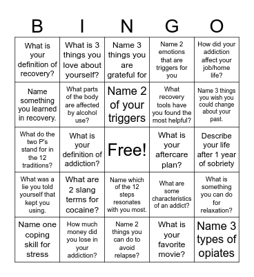 Recovery Bingo! Bingo Card