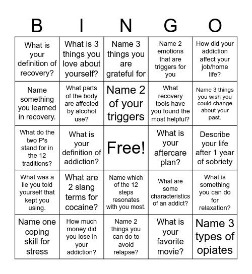 Recovery Bingo! Bingo Card