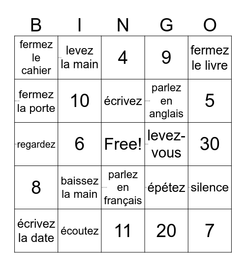 Class order Frenchbaissez la main Bingo Card