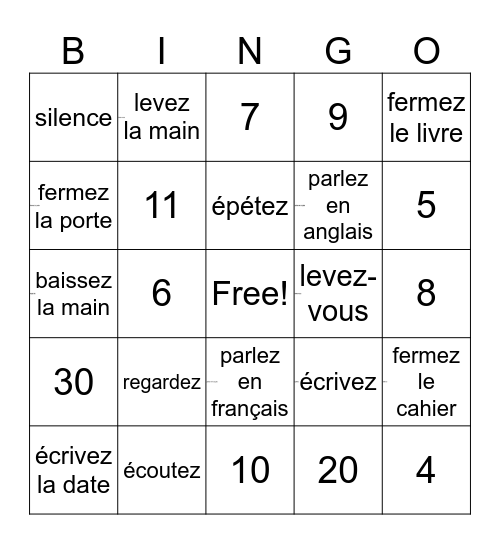 Class order Frenchbaissez la main Bingo Card