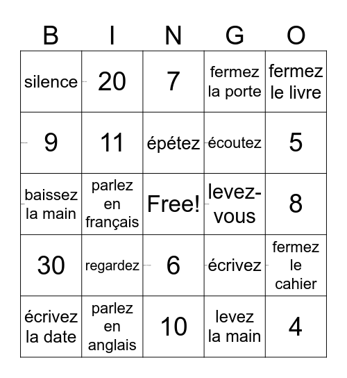 Class order Frenchbaissez la main Bingo Card