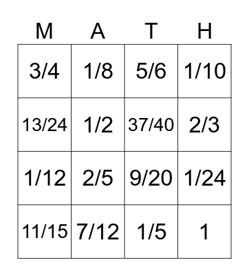 Fraction Bingo Card