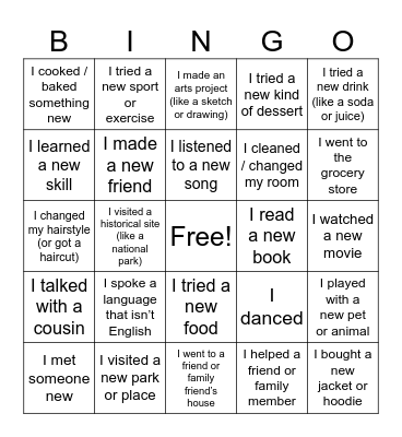 New Experiences Bingo Card
