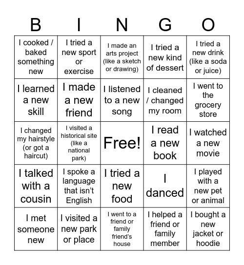 New Experiences Bingo Card