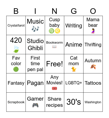 Penpal Bingo Card