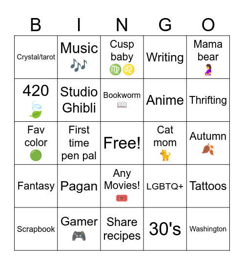 Penpal Bingo Card