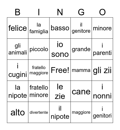 La famiglia Bingo Card