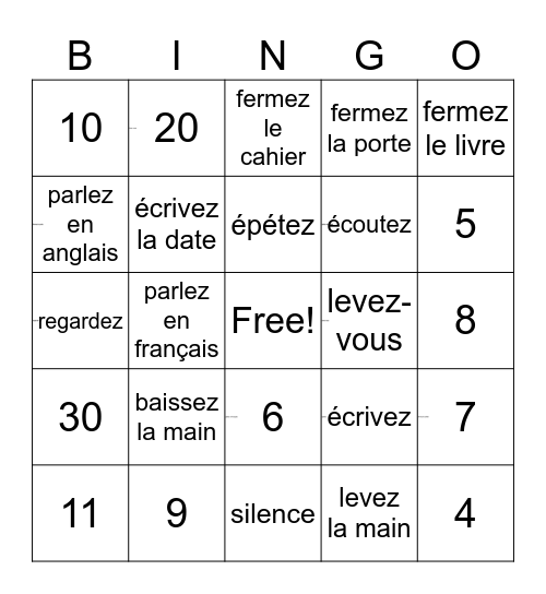 Class order Frenchbaissez la main Bingo Card