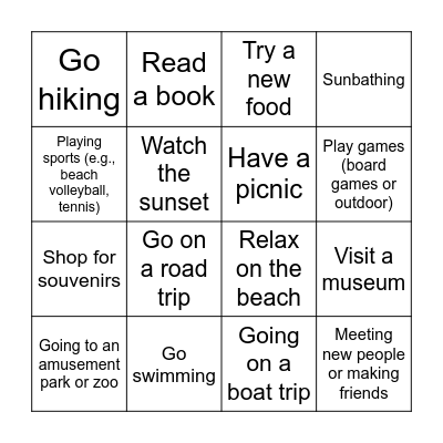 Holiday activities Bingo Card