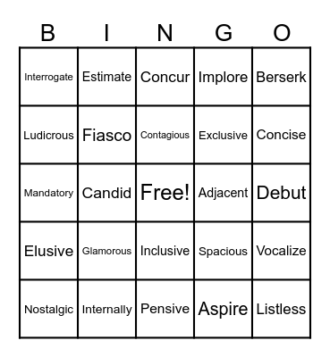 VOCABULARY REVIEW Bingo Card