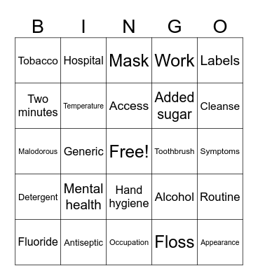 Personal Hygiene Bingo Card