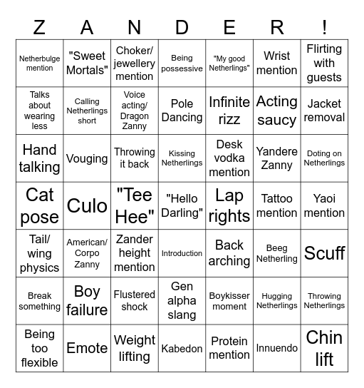 Zander Netherbrand's 3D Debut Bingo Card