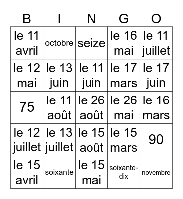 French Dates 1 Bingo Card