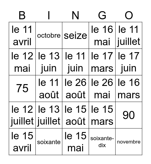 French Dates 1 Bingo Card