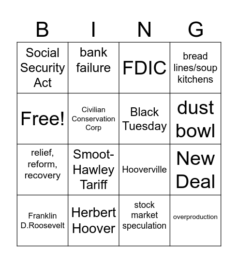 Great Depression Bingo Card