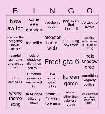 TGA Game announcments bingo board Bingo Card