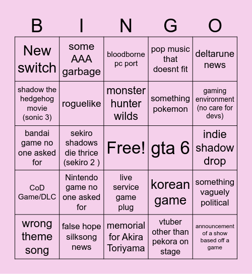 TGA Game announcments bingo board Bingo Card