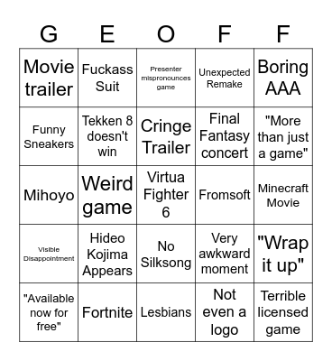 Game Awards Bingo Card