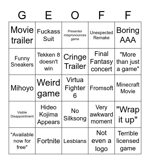 Game Awards Bingo Card