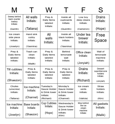 FOH Weekly Cleaning Bingo Card