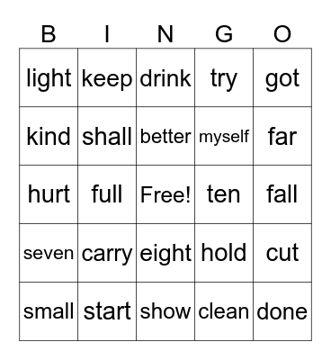 Sight Words Bingo Card