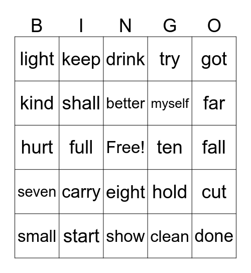 Sight Words Bingo Card