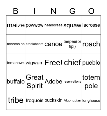 Native American Terms Bingo Card