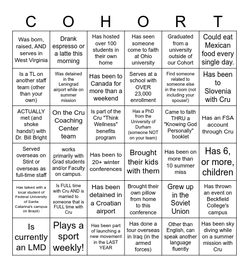 Cohort 10 BINGO Card