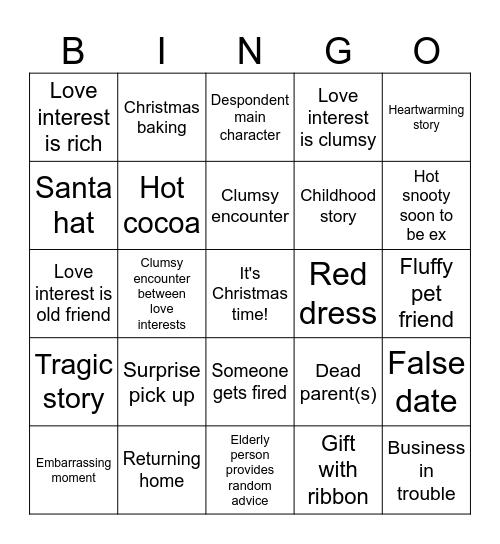 Christmas Movie Tropes Bingo Card