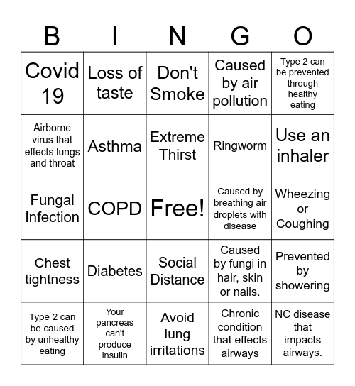 8th Diseases Bingo Card