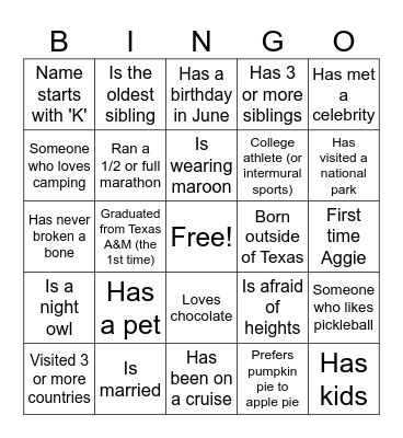Get to Know You Bingo Card