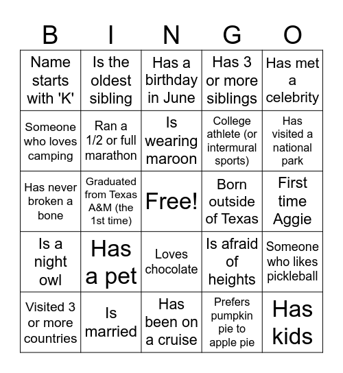 Get to Know You Bingo Card